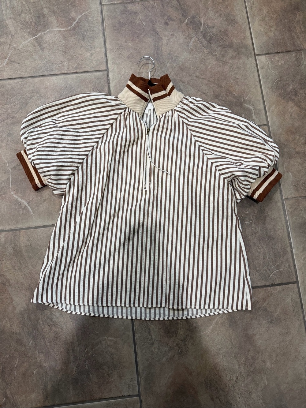 entro Brown & White Striped Puff-Sleeve Polo
